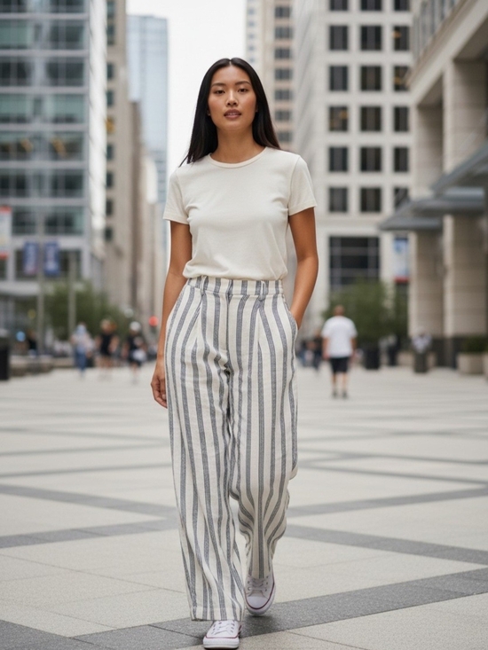 a new day Pants - a new day Womens Classic Linen Blend Cream & Gray Striped  Wide Leg Pants 10R